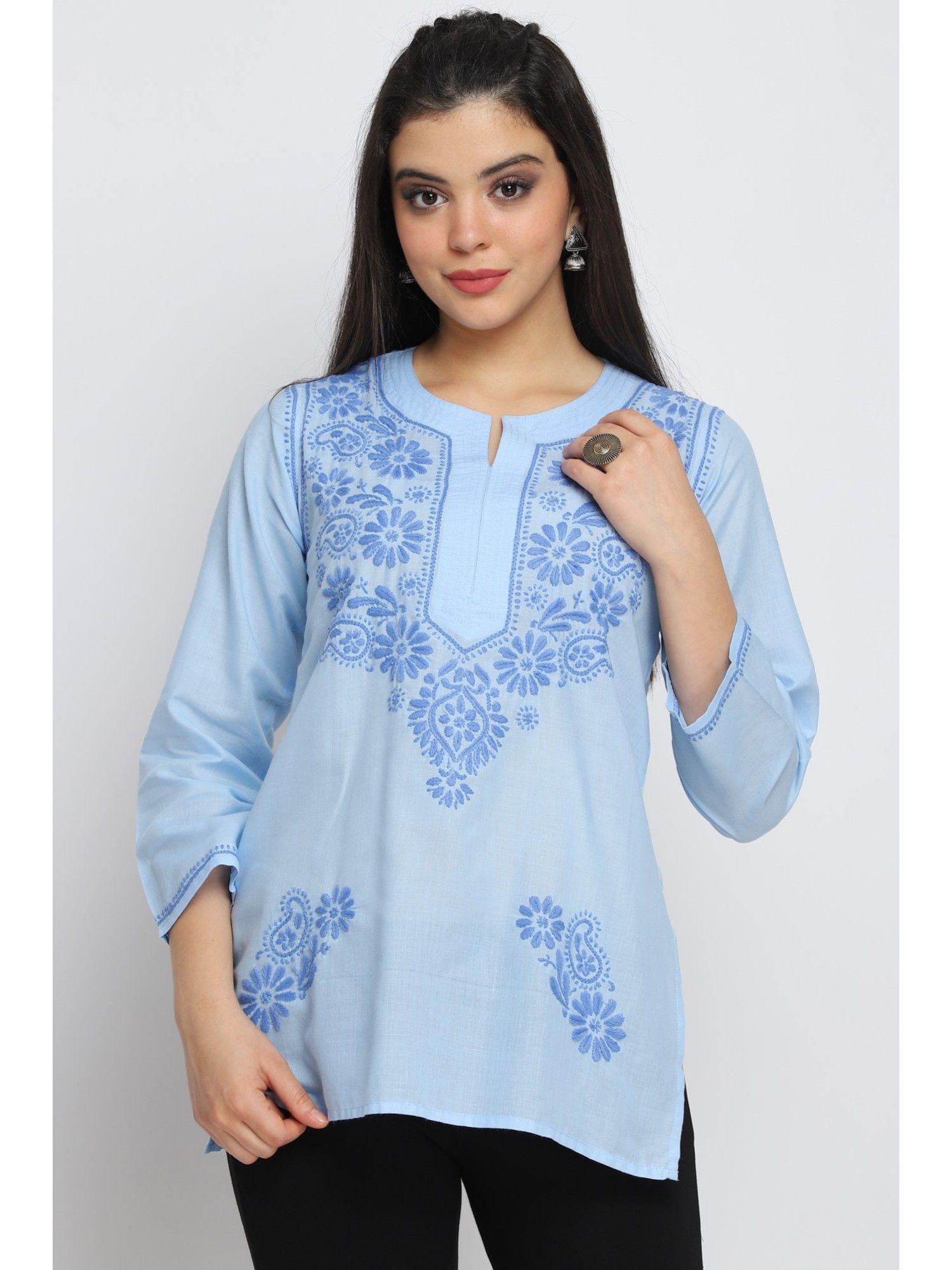 women's blue hand embroidered chikankari cotton straight short tunic