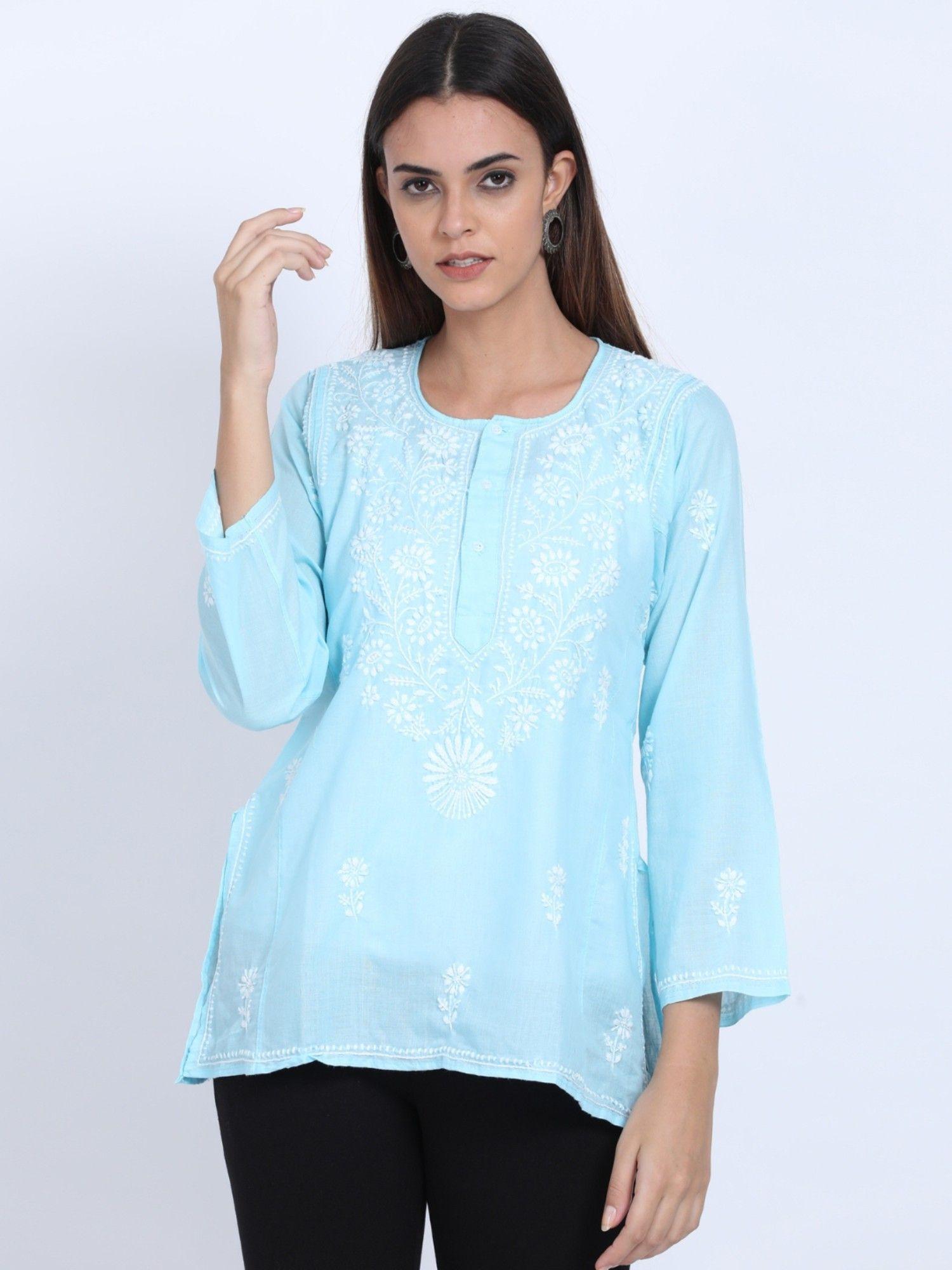 women's blue hand embroidered chikankari cotton straight short tunic