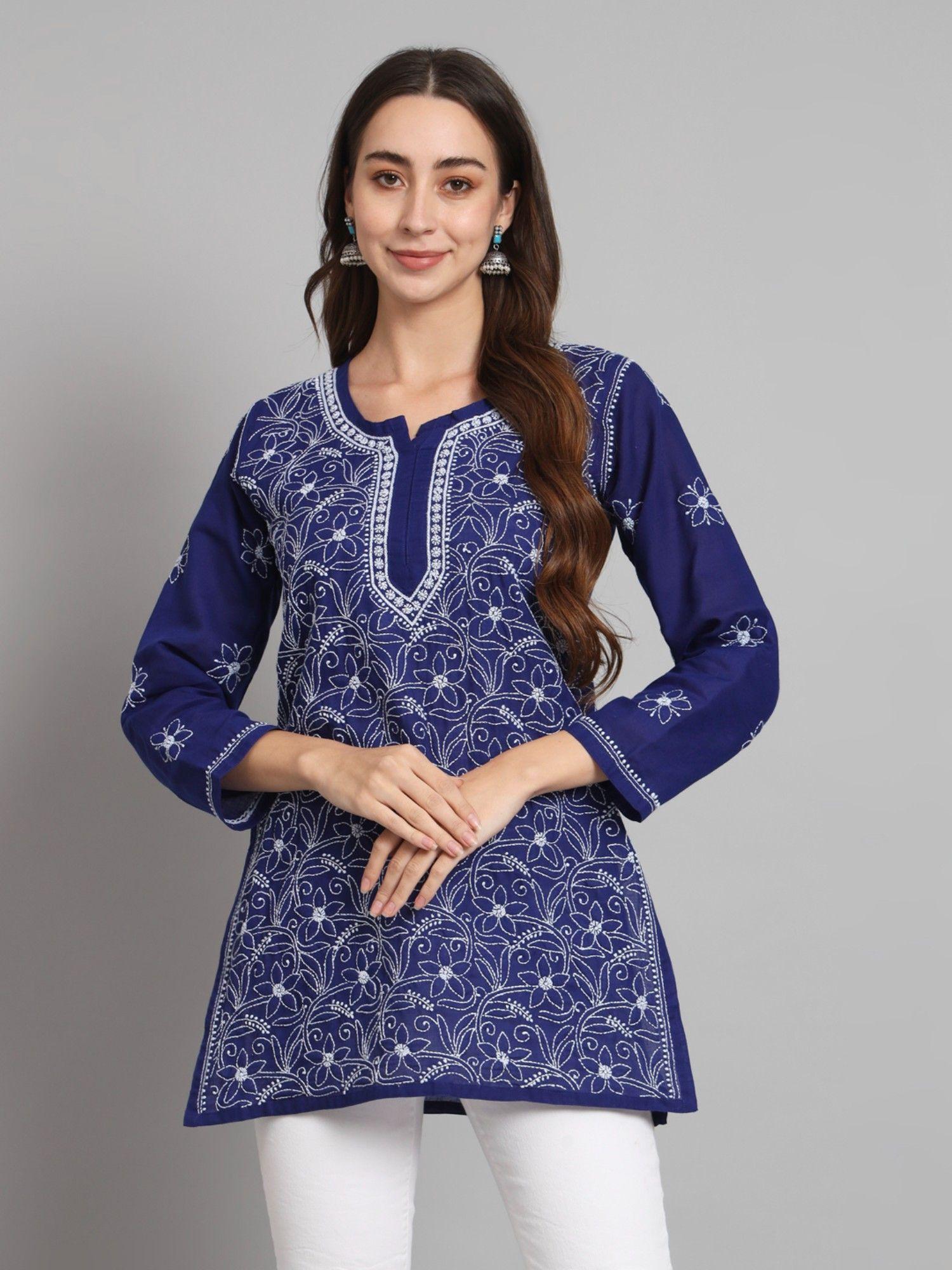 women's blue hand embroidered lucknowi chikankari cotton tunic