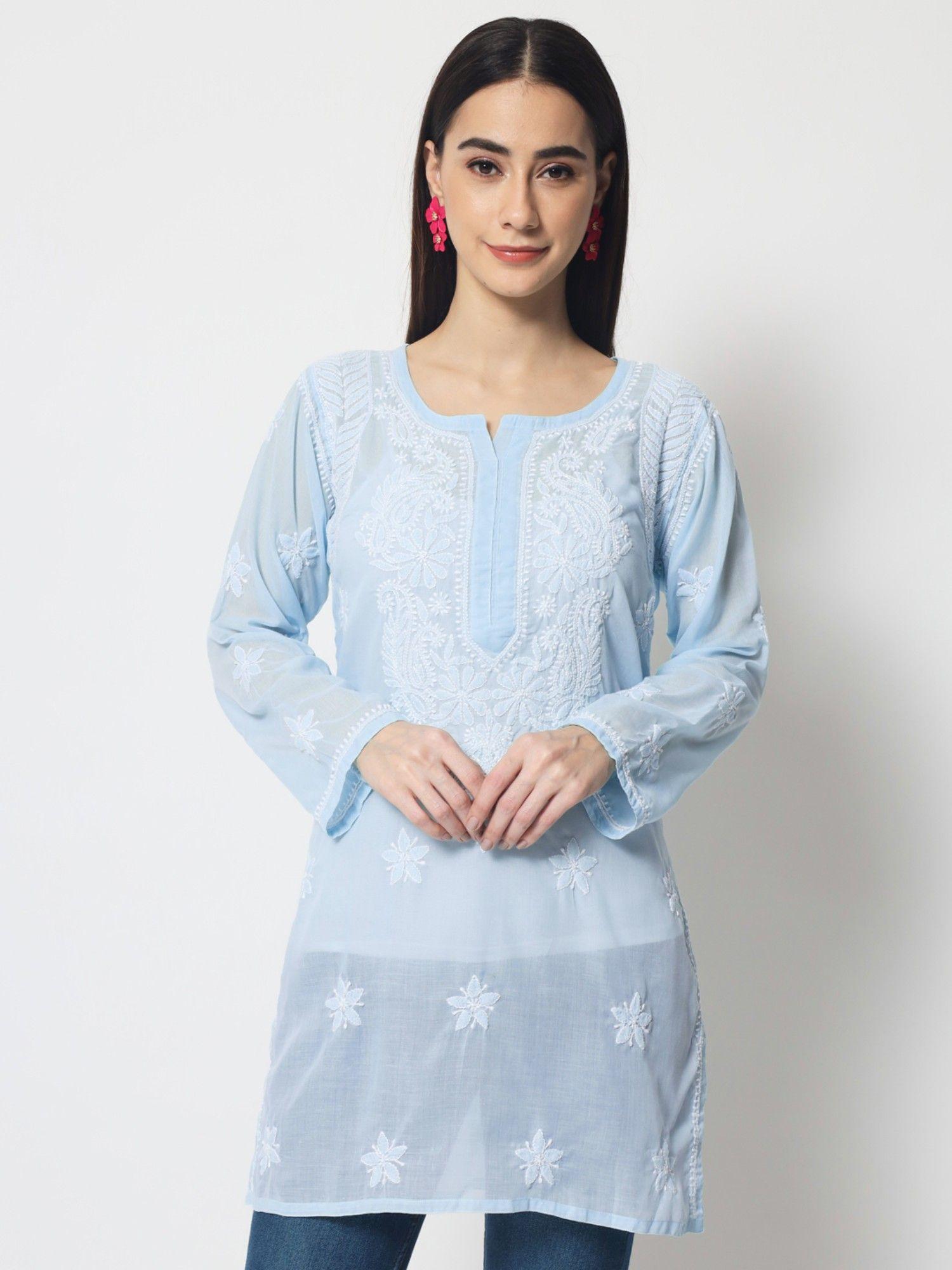 women's blue hand embroidered lucknowi chikankari cotton tunic