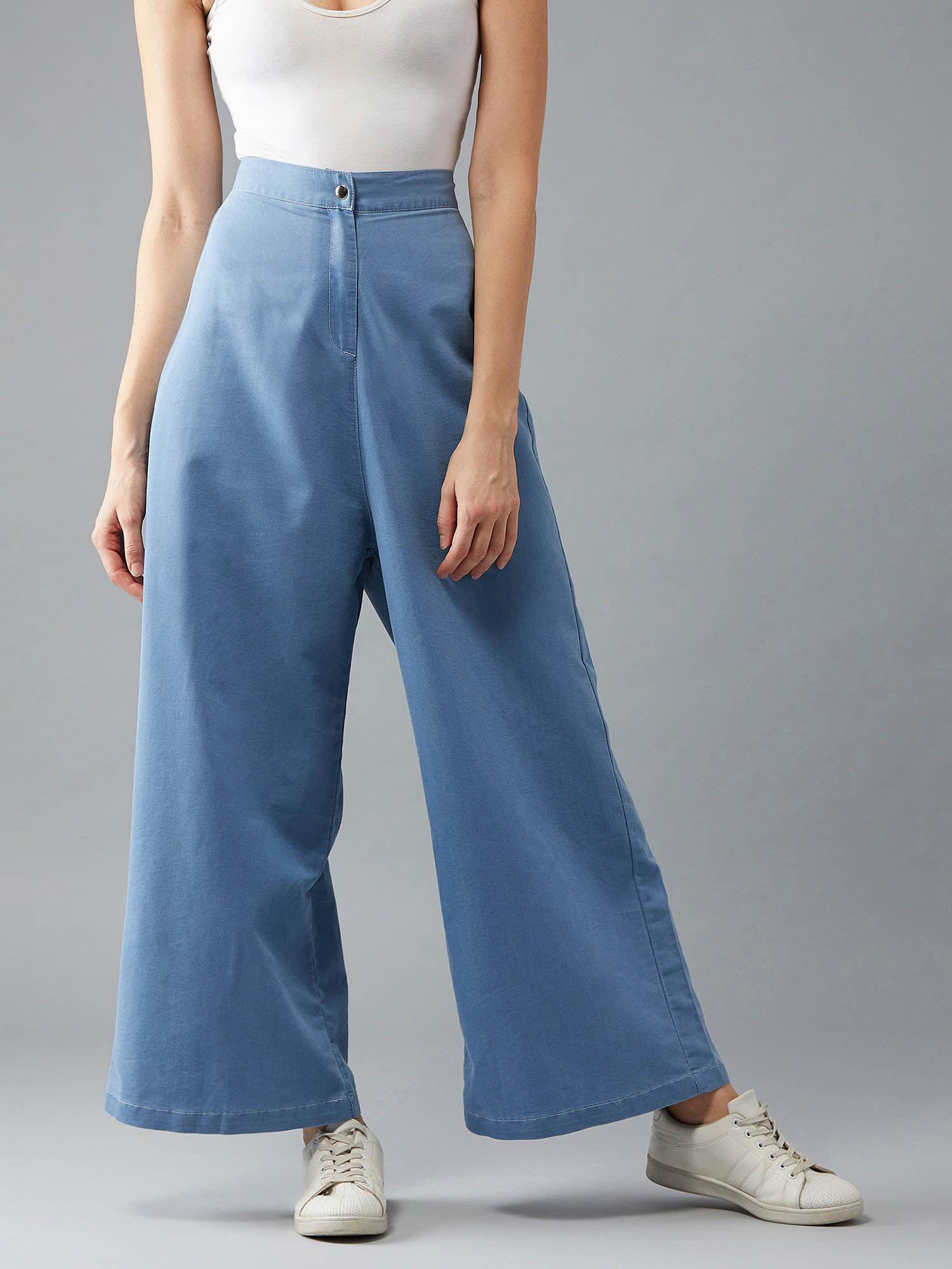 women's blue light weight wide-leg high rise clean look denim pants