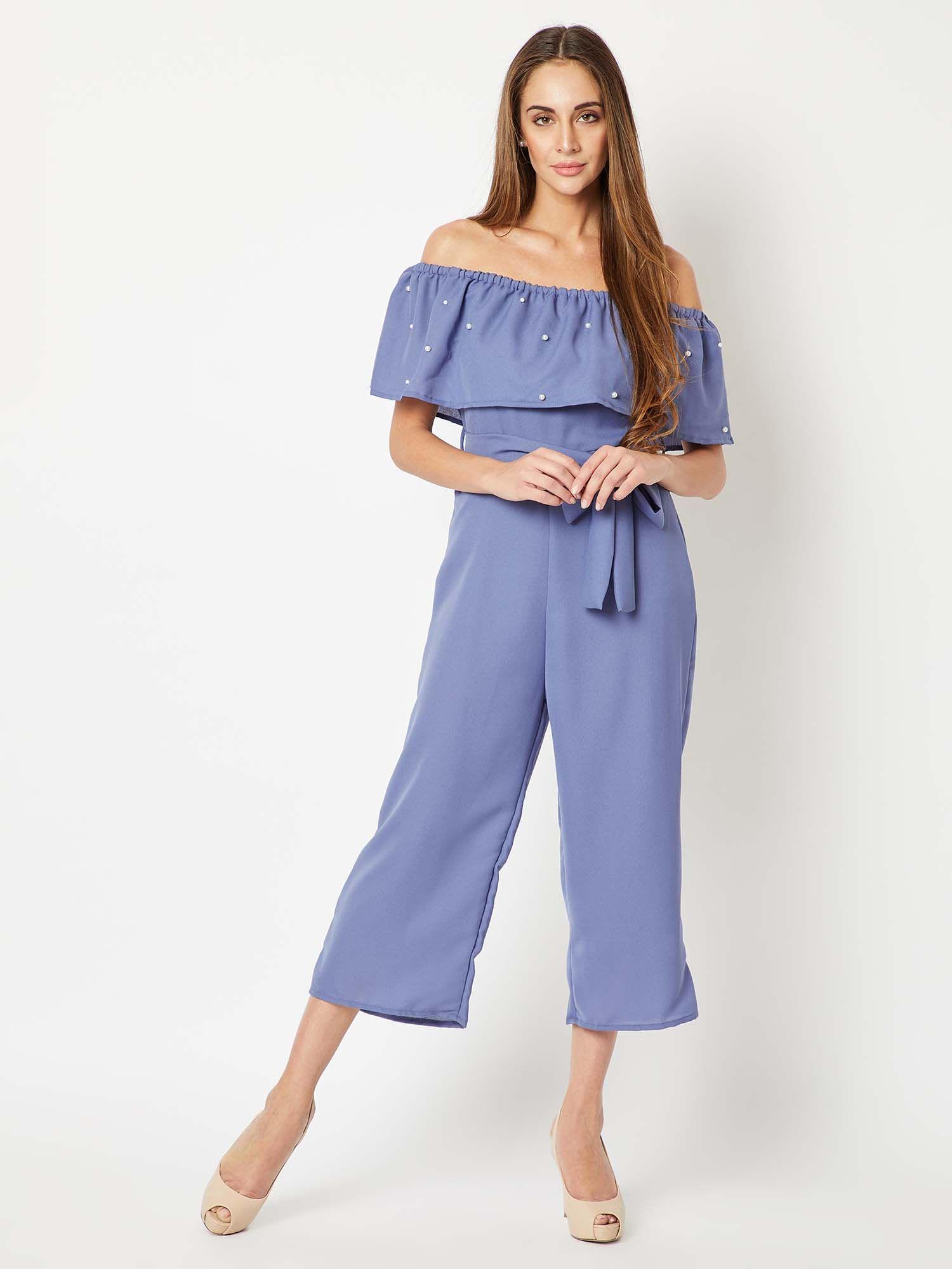 women's blue off-shoulder solid ruffled tie up pearl detailing midi jumpsuit