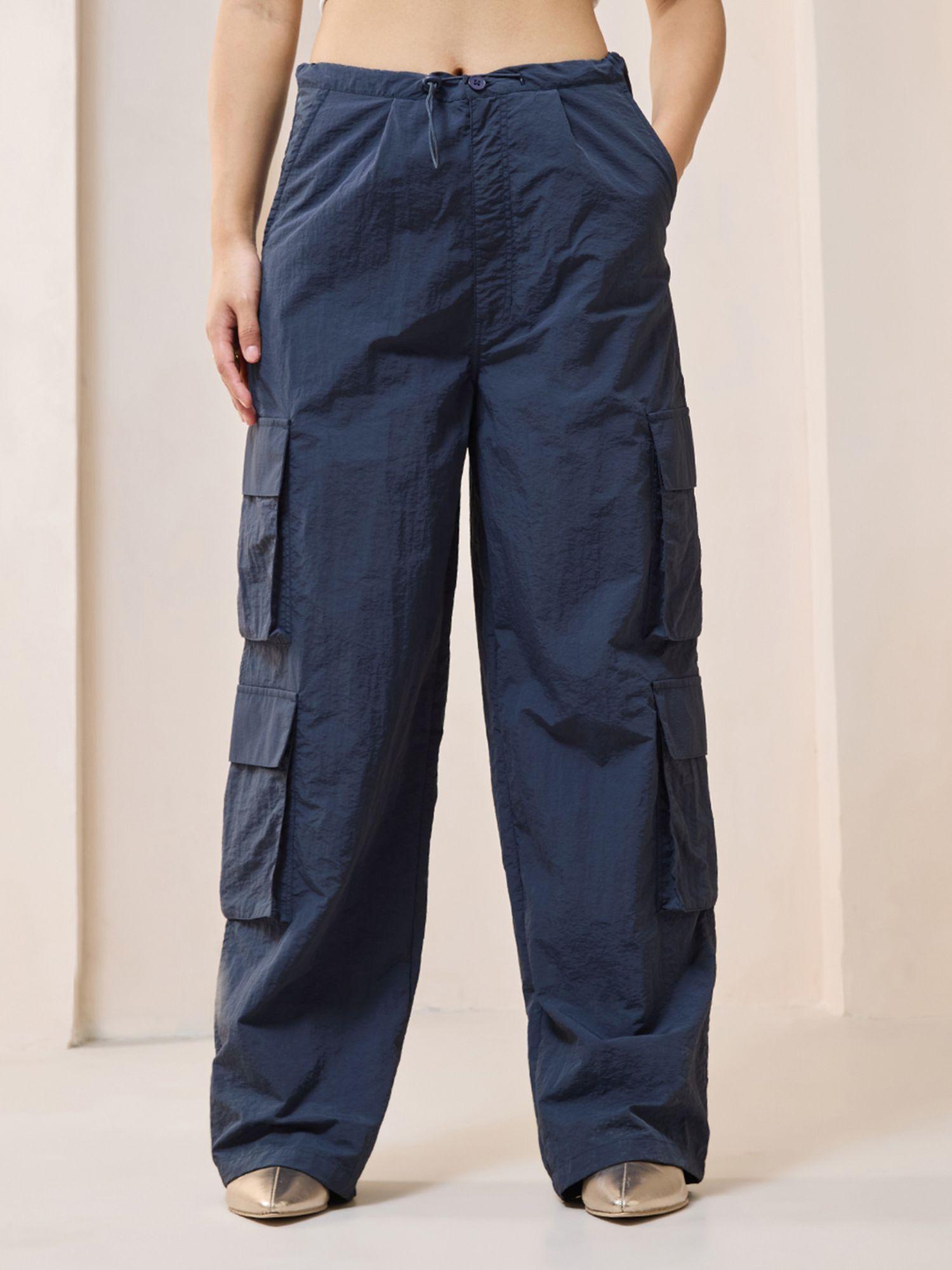 women's blue oversized cargo parachute pants