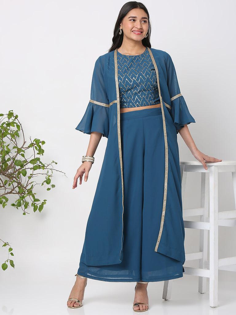 women's blue polyester georgette embellished cape set