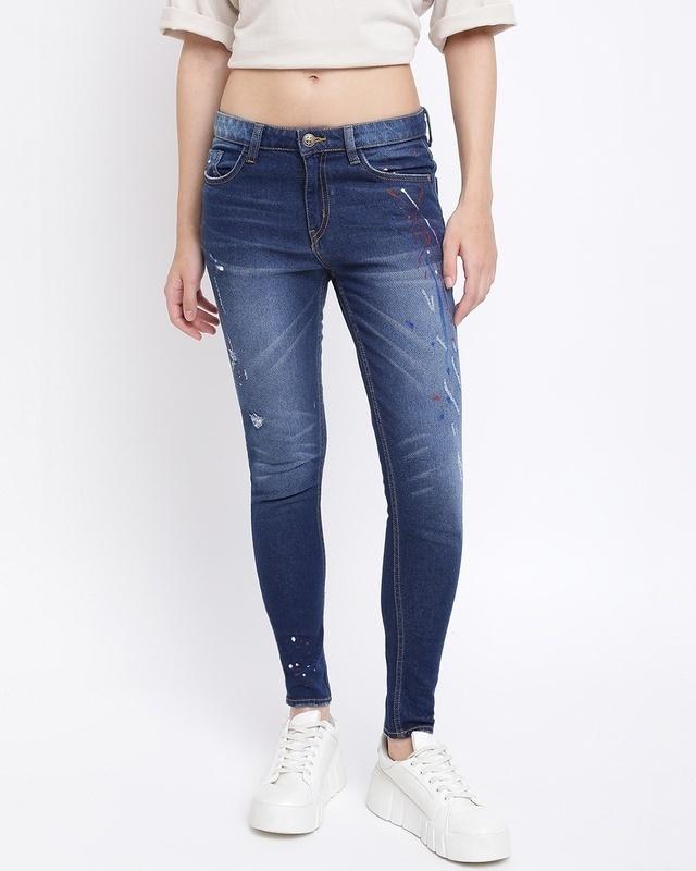 women's blue printed distressed skinny fit jeans