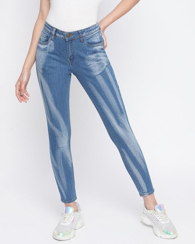 women's blue printed skinny fit jeans