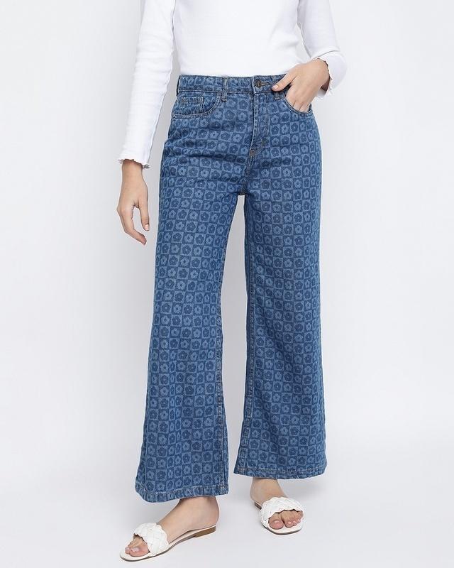 women's blue printed wide leg jeans