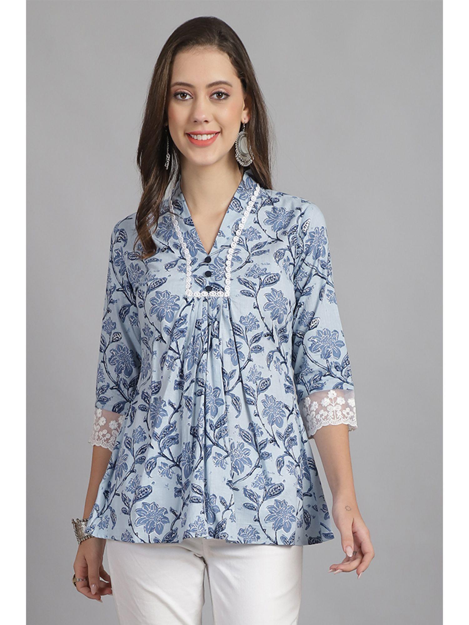 women's blue pure cotton floral printed short tunic