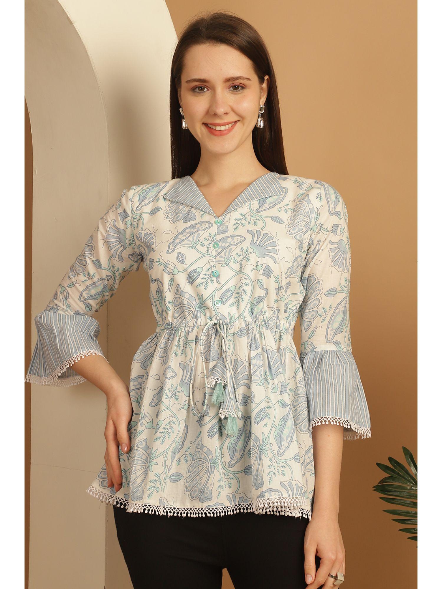 women's blue pure cotton floral printed short tunic