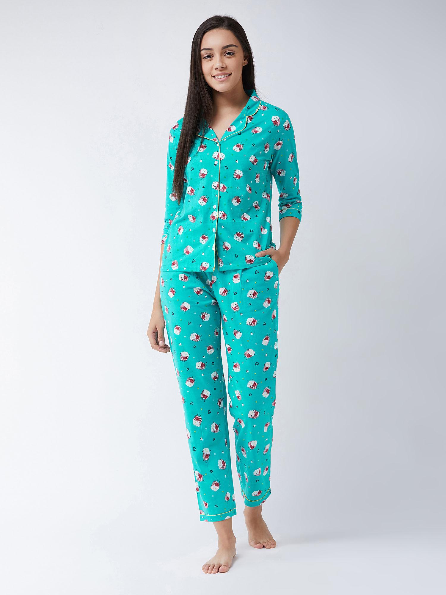 women's blue regular length printed three-fourth sleeves collared night suit set