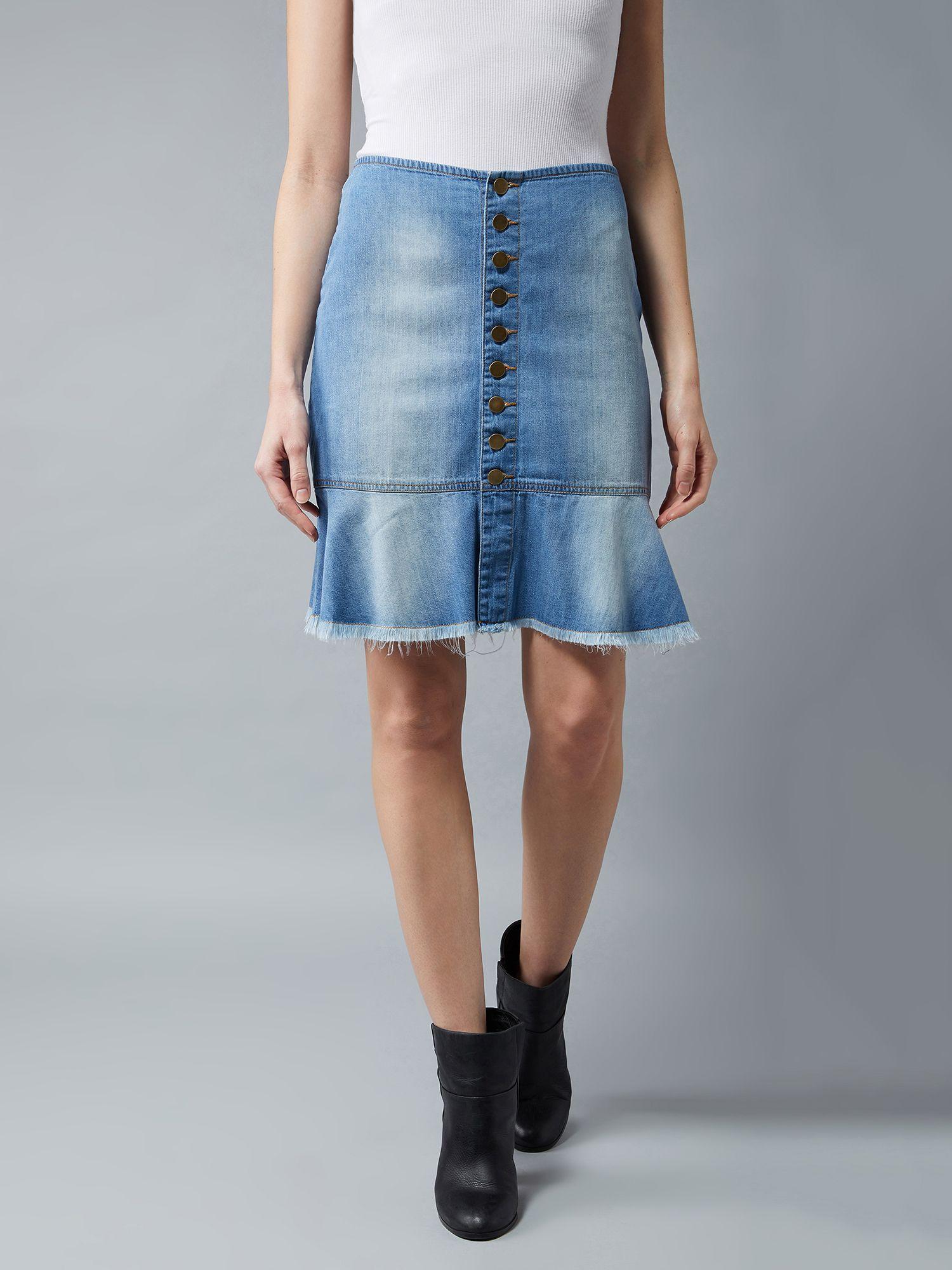 women's blue regular mid rise clean look light weight midi denim skirt