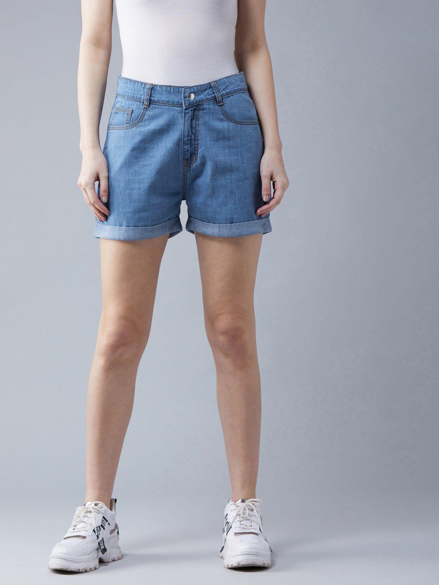 women's blue relaxed fit clean look mid rise light weight denim shorts