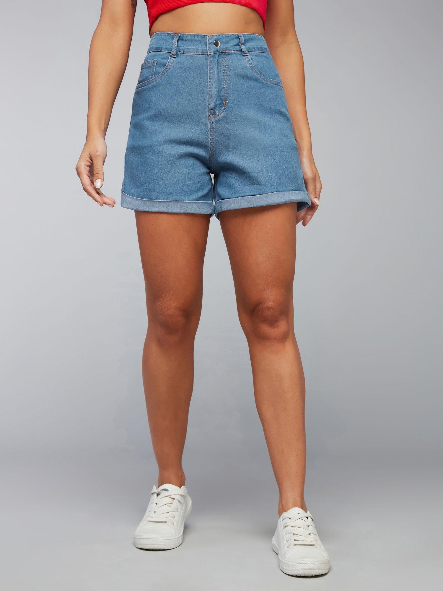 women's blue relaxed fit clean look mid rise light weight denim shorts