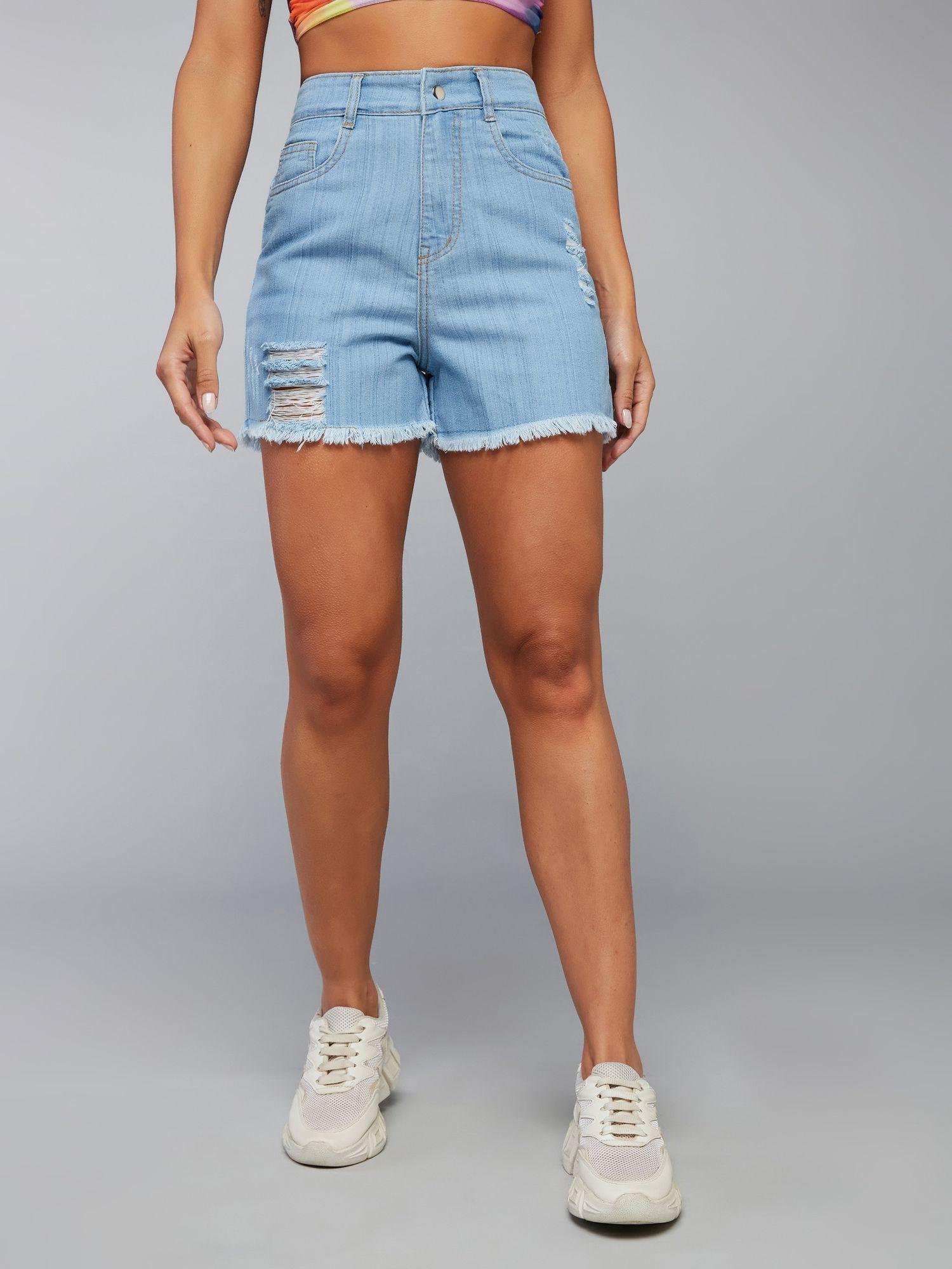 women's blue relaxed fit mid rise highly distressed denim shorts