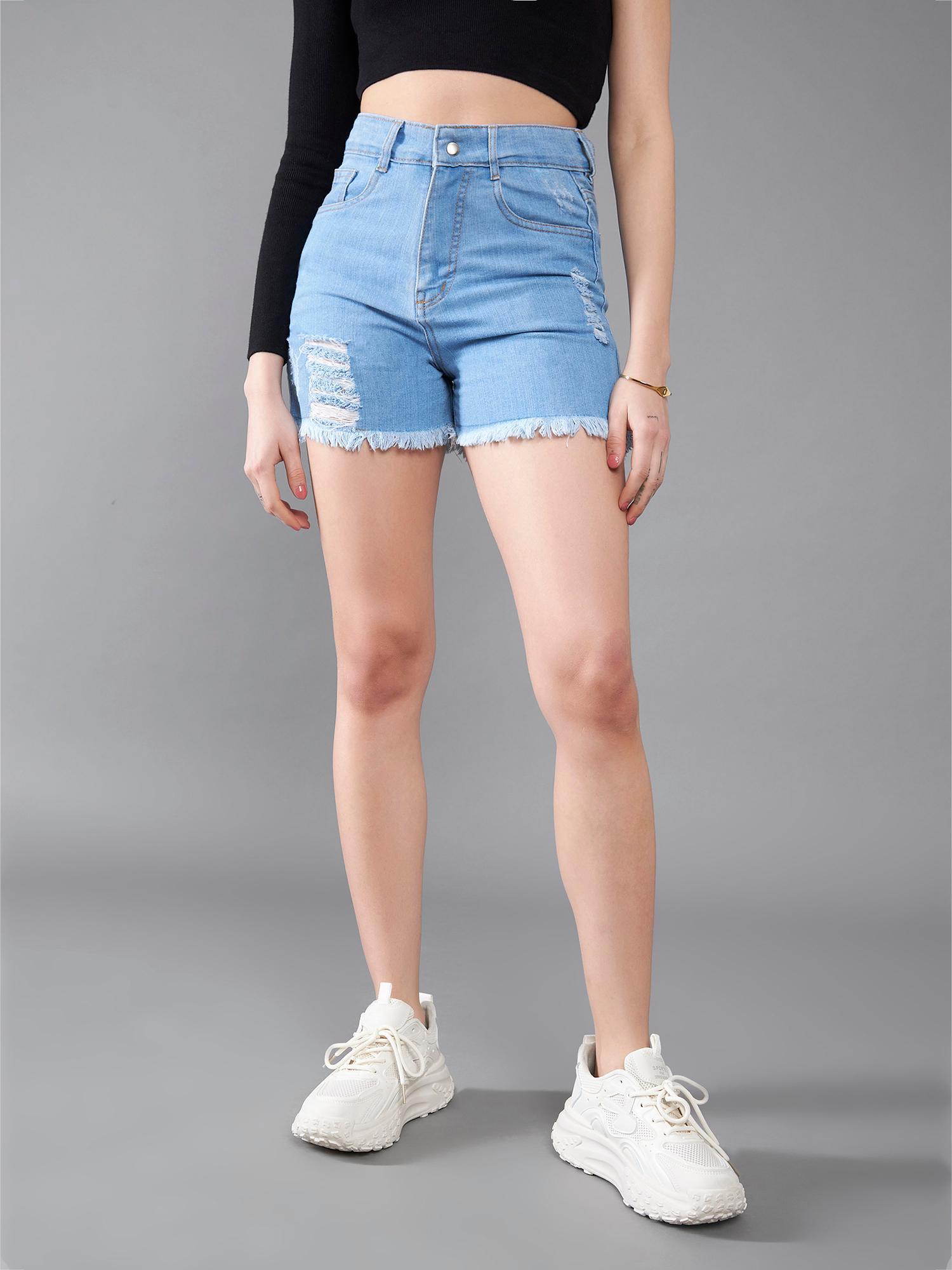 women's blue relaxed fit mid rise highly regular denim shorts