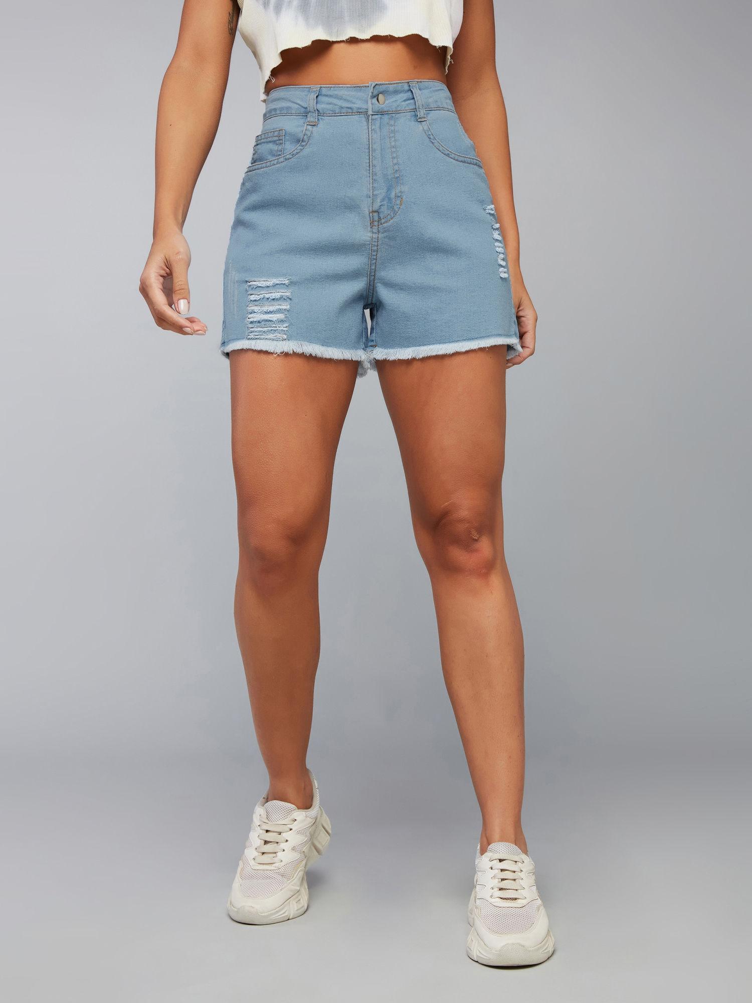 women's blue relaxed mid rise high distress regular denim shorts