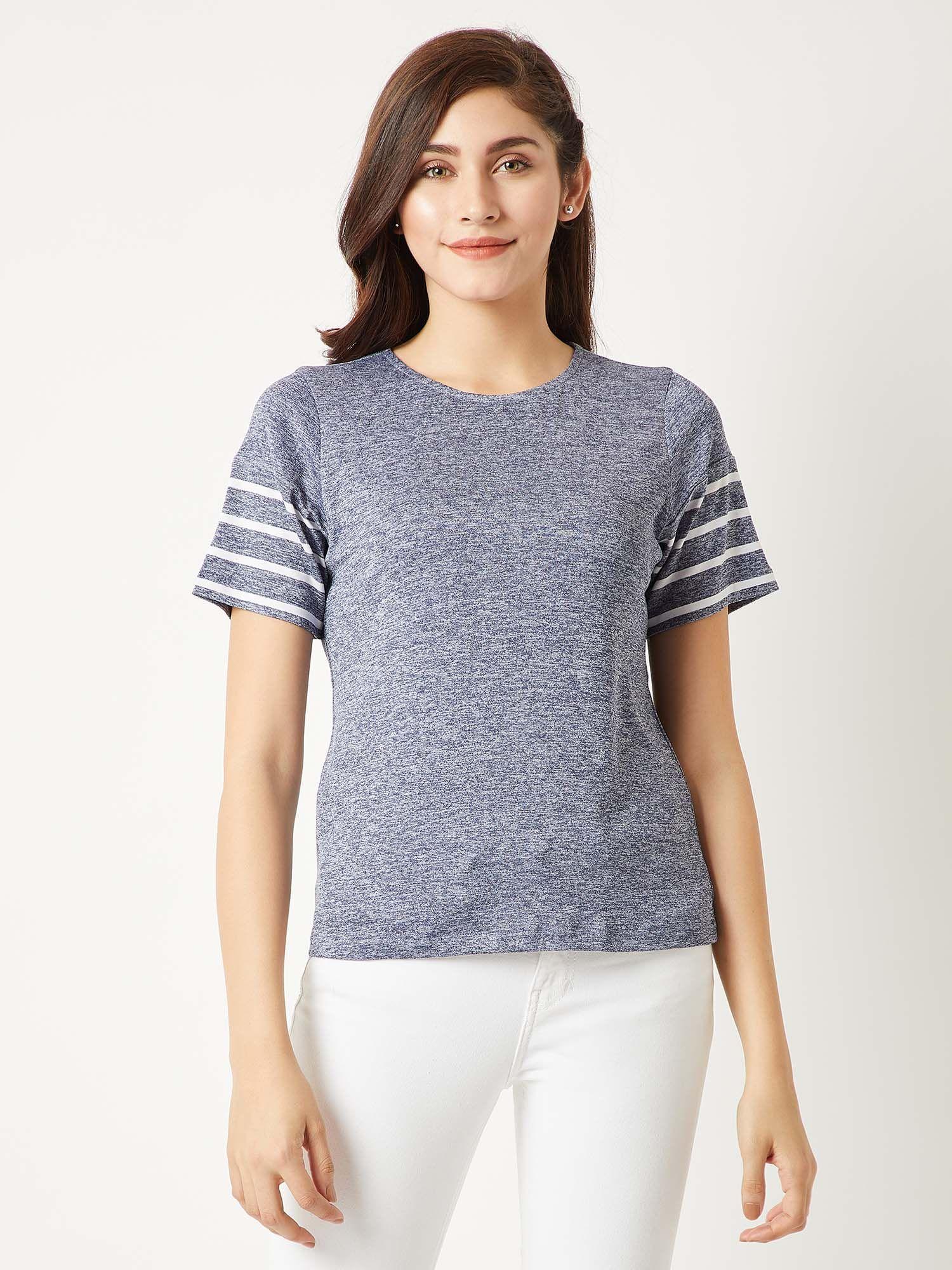 women's blue round neck half sleeve cotton striped paneled top