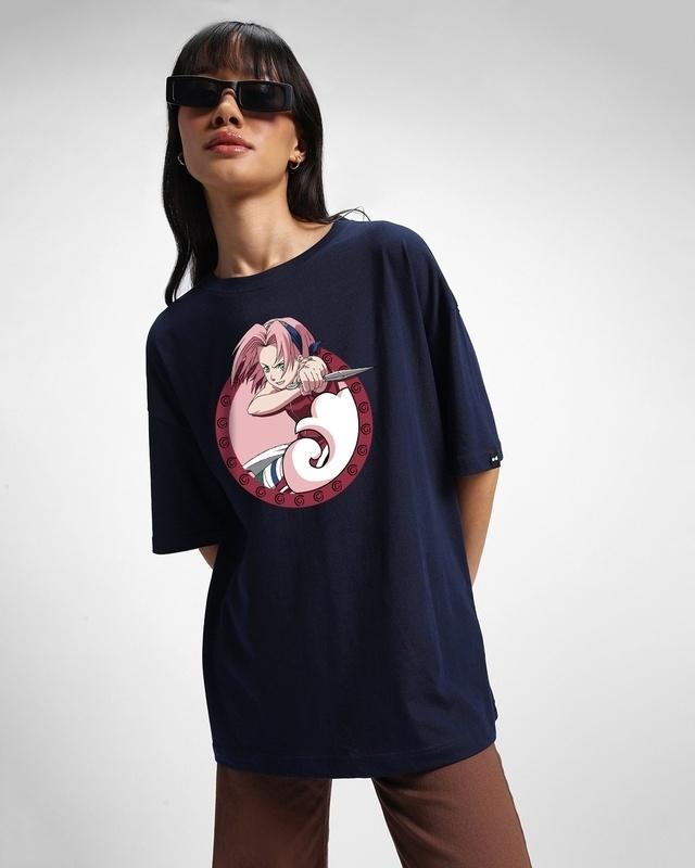 women's blue sakura graphic printed oversized t-shirt