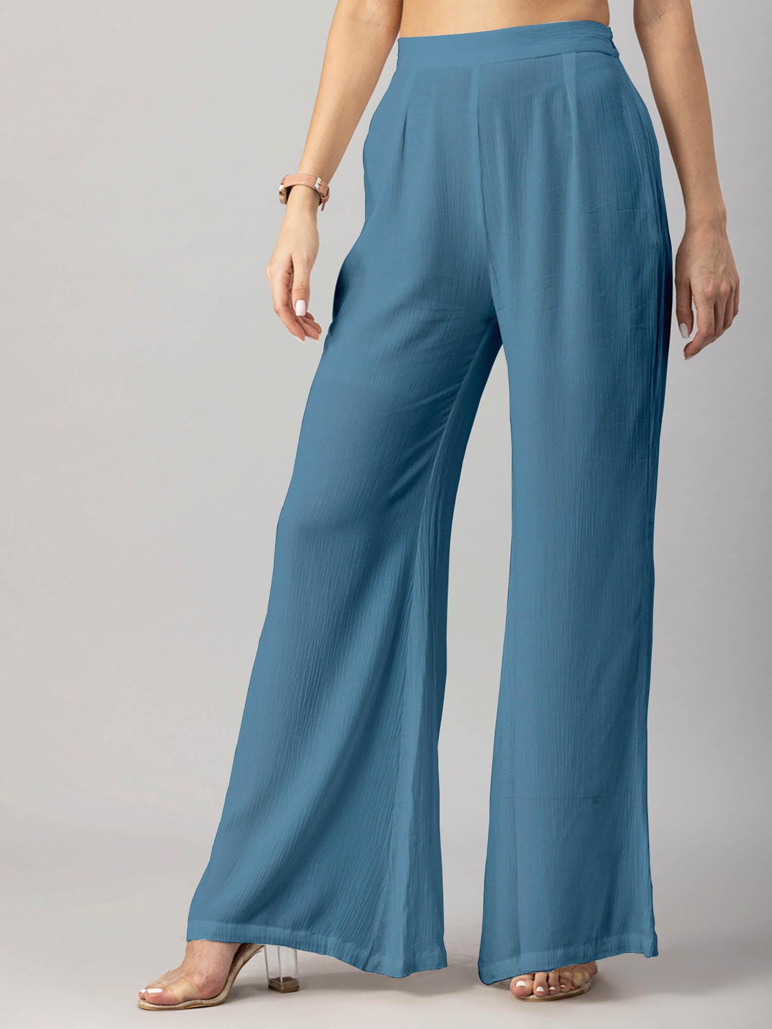 women's blue solid high waist palazzo