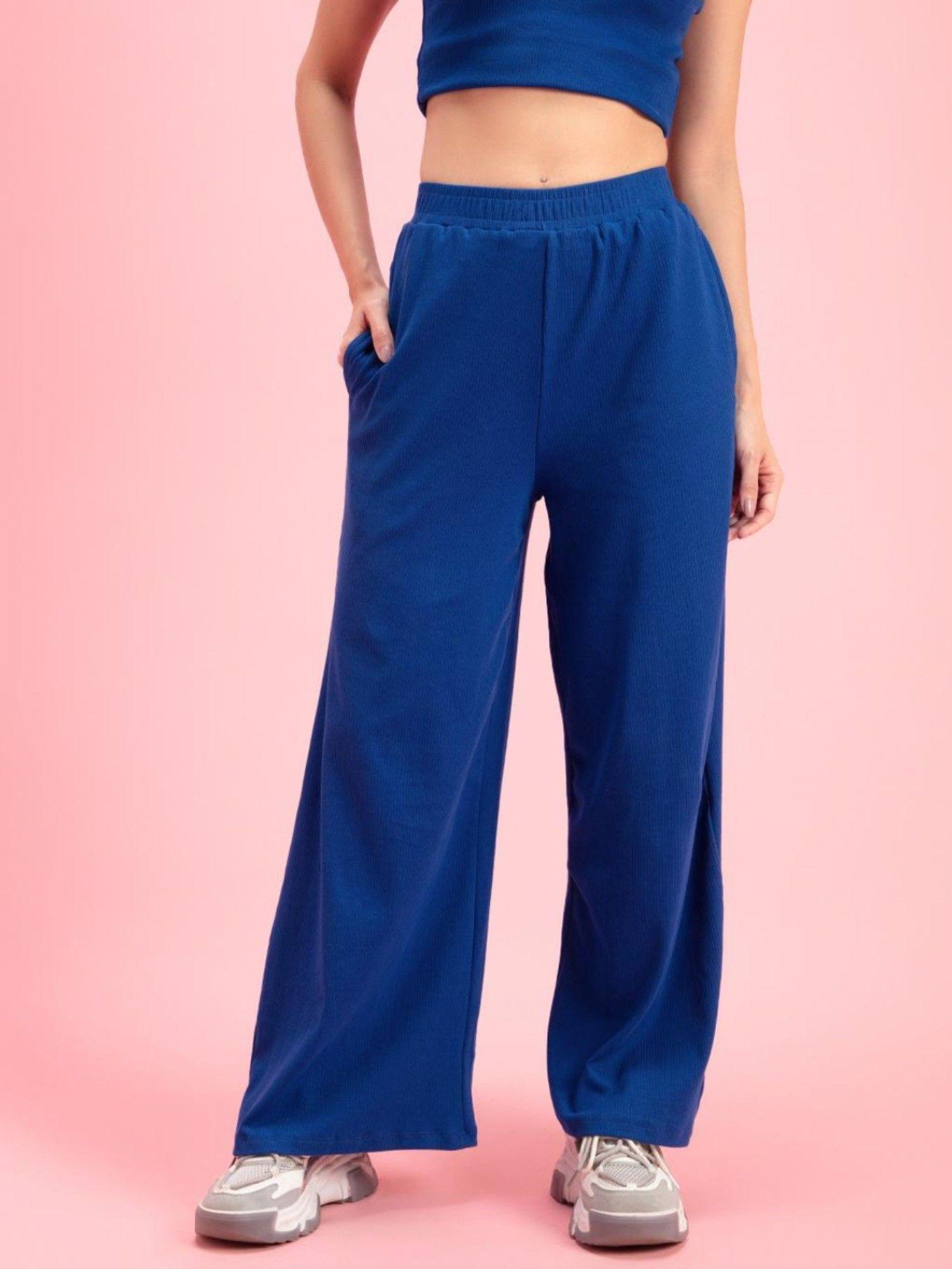 women's blue solid normal fit casual pants