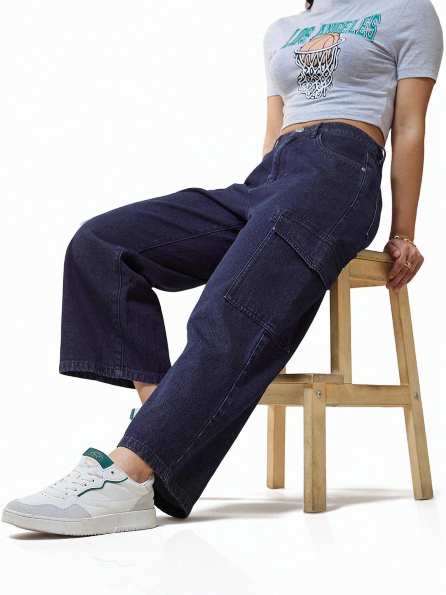 women's blue straight fit cropped cargo jeans