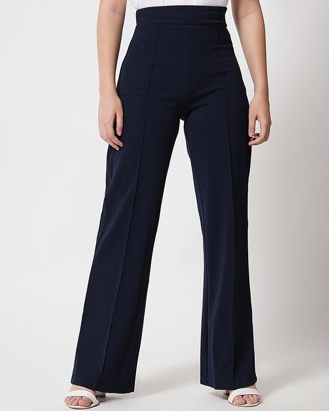 women's blue straight fit trousers