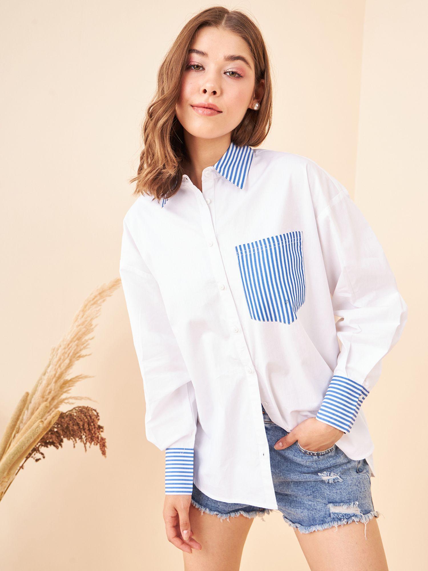 women's blue stripes detailing white blue shirt