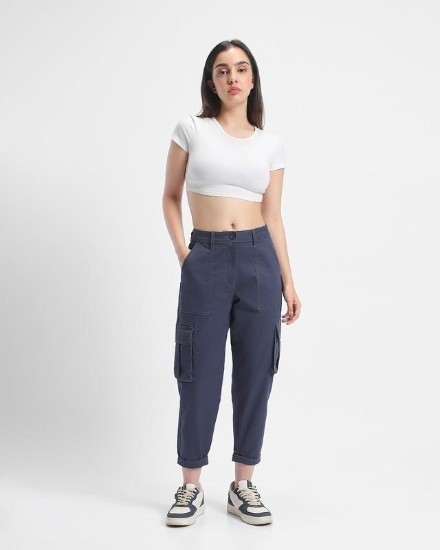 women's blue tapered cargo pants
