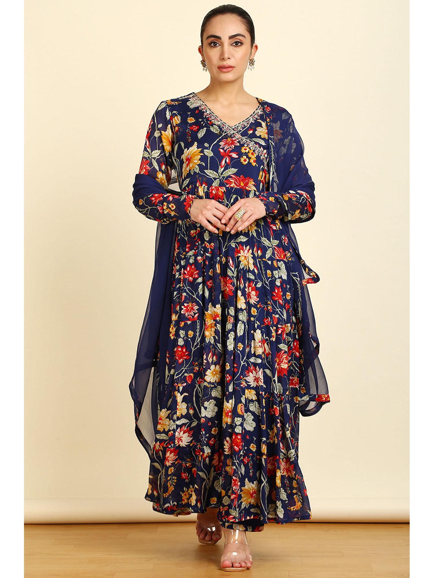 women's blue viscose print sequins angarkha kurta with pant & dupatta (set of 3)