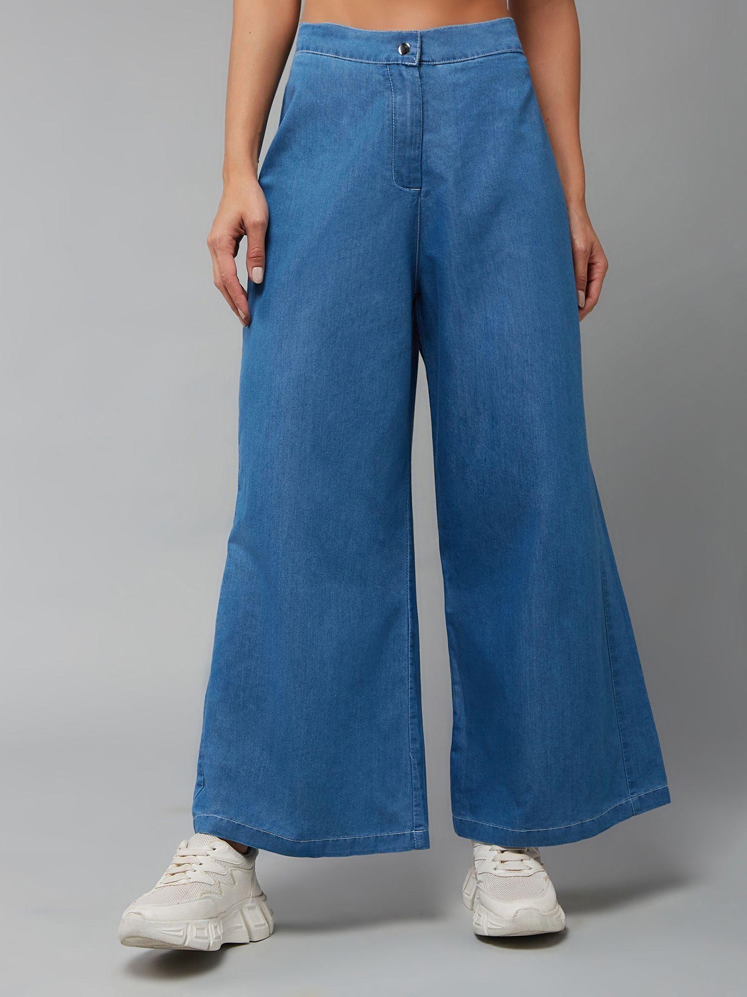 women's blue wide-leg high rise clean look length denim pants