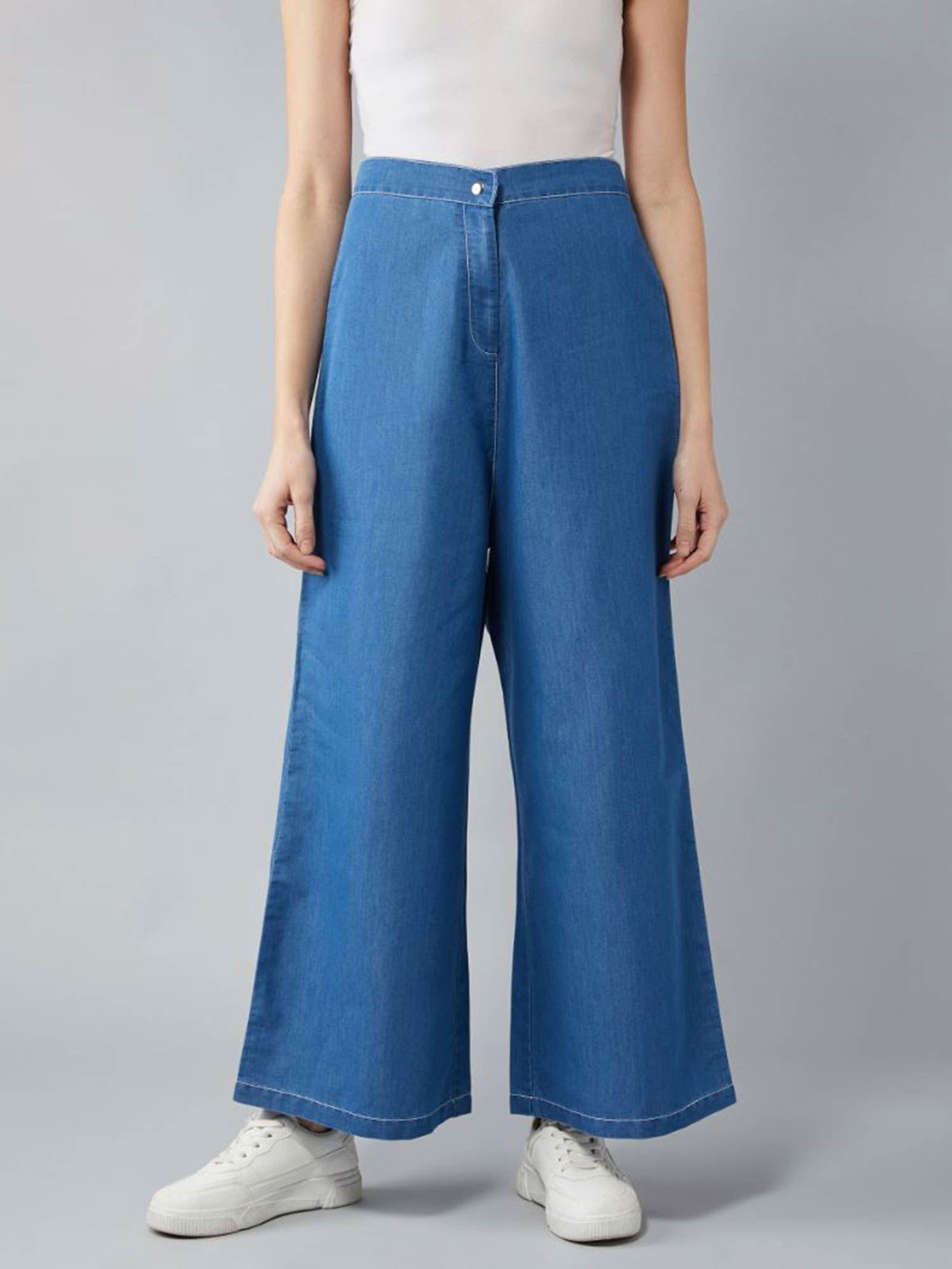 women's blue wide-leg high rise clean look light weight denim pants