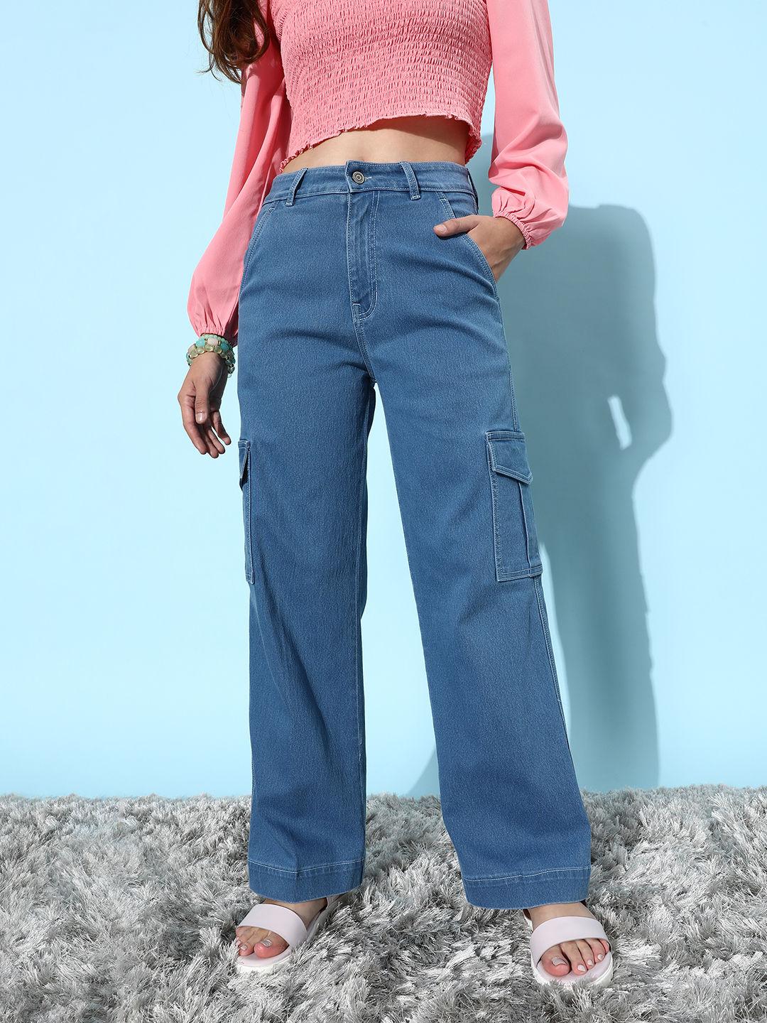 women's blue wide leg high rise regular stretchable denim jeans
