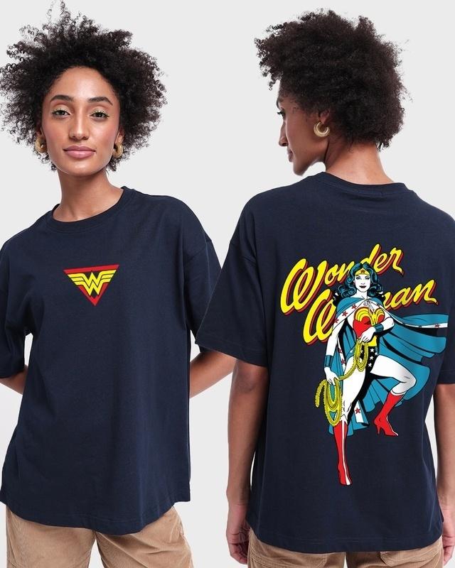 women's blue wonder woman graphic printed oversized t-shirt