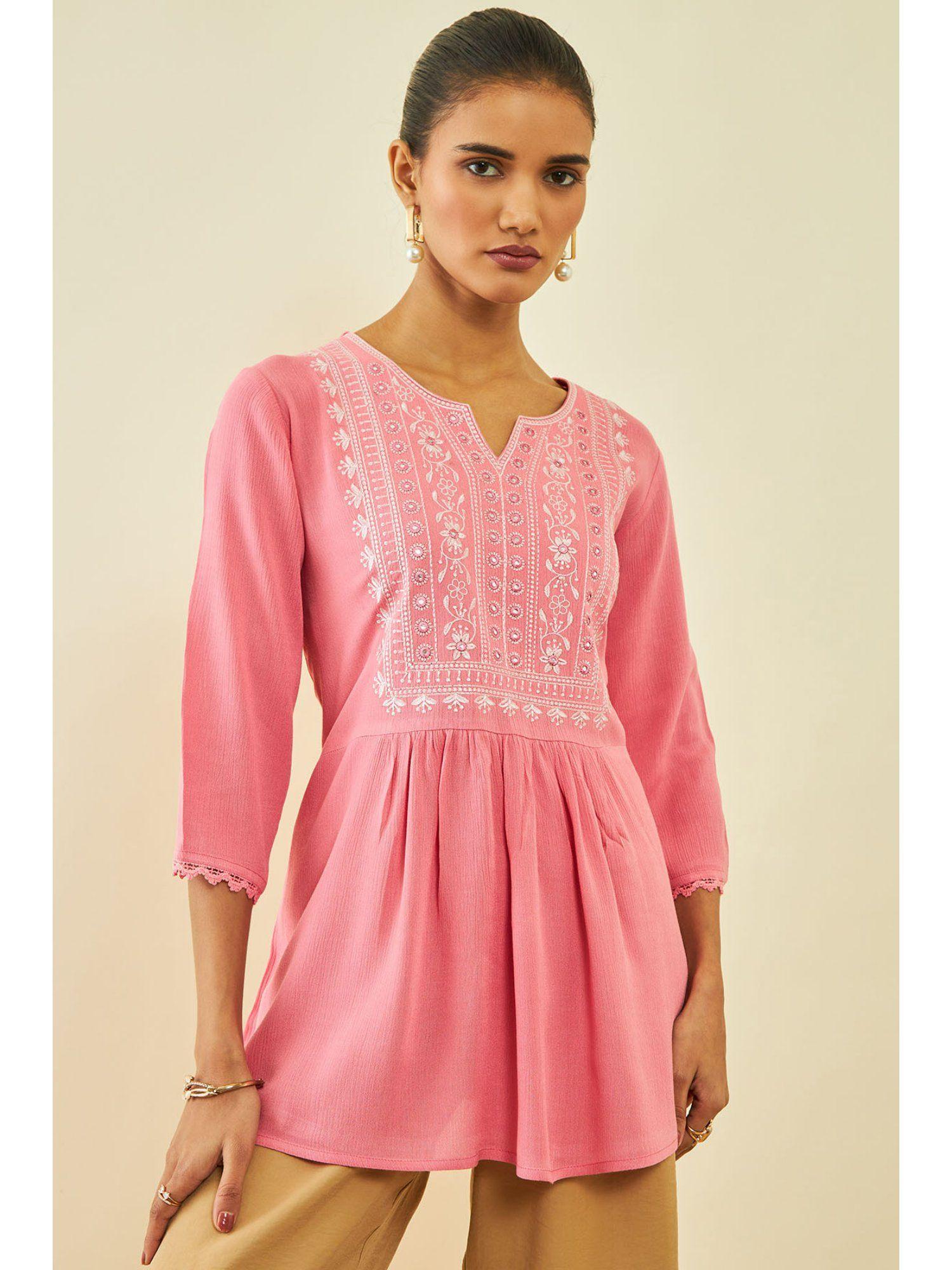 women's blush pink crepe embroidered tunic with thread work