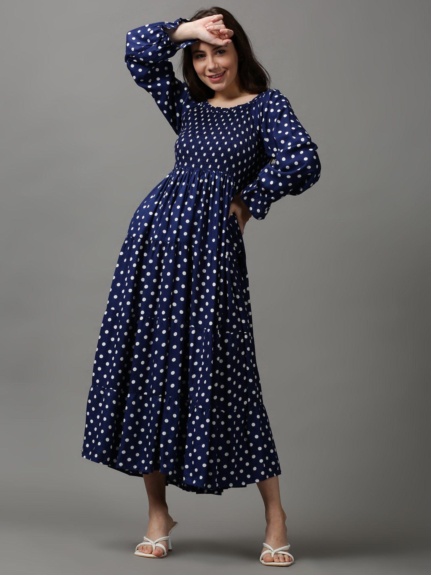 women's boat neck polka dots navy blue midi dress