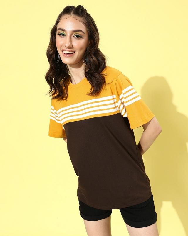 women's brown & mustard yellow striped oversized t-shirt