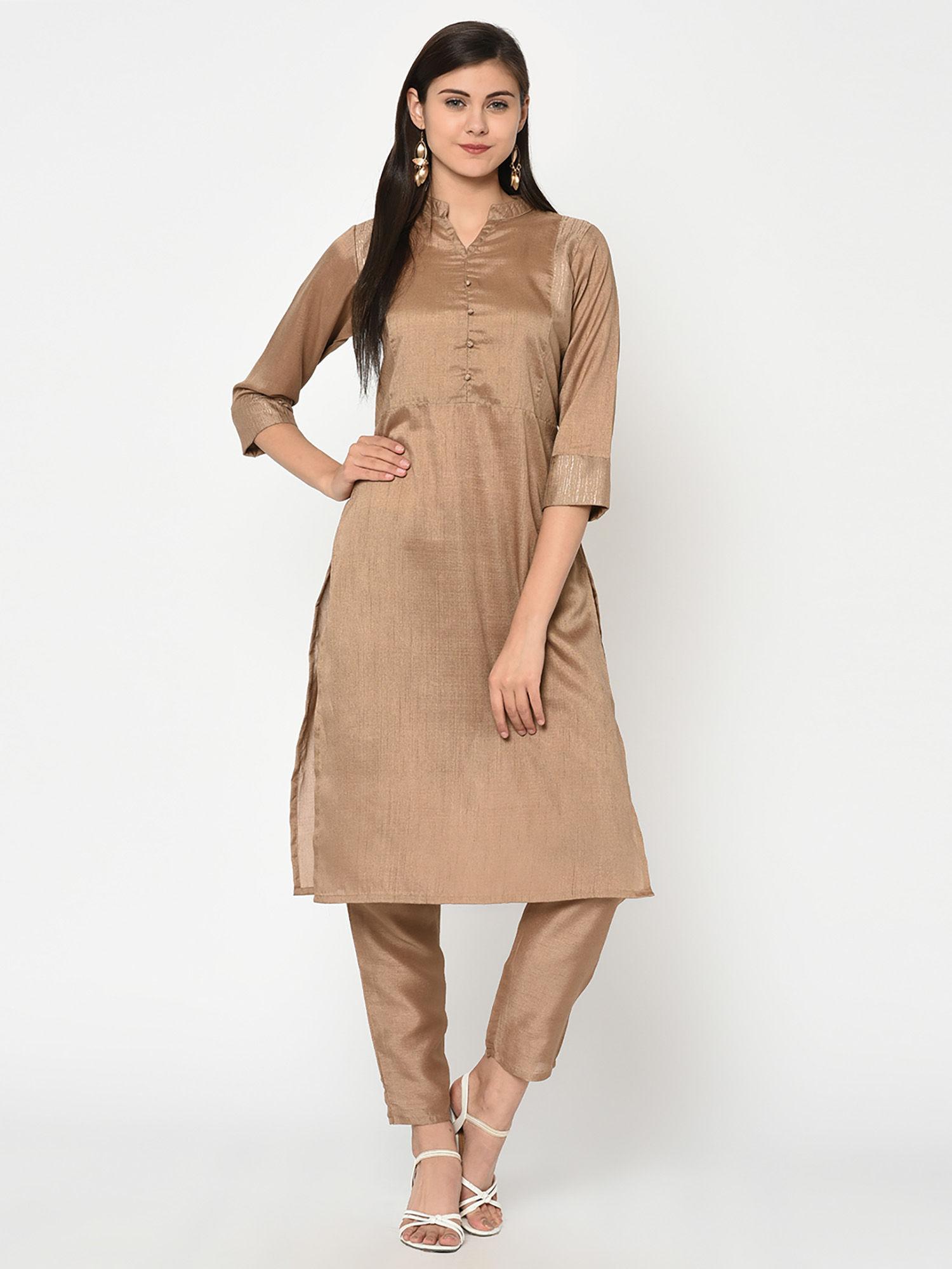 women's brown colour straight copper print kurta