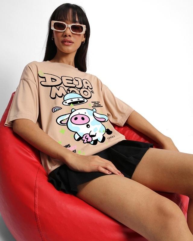 women's brown deja moo graphic printed oversized t-shirt