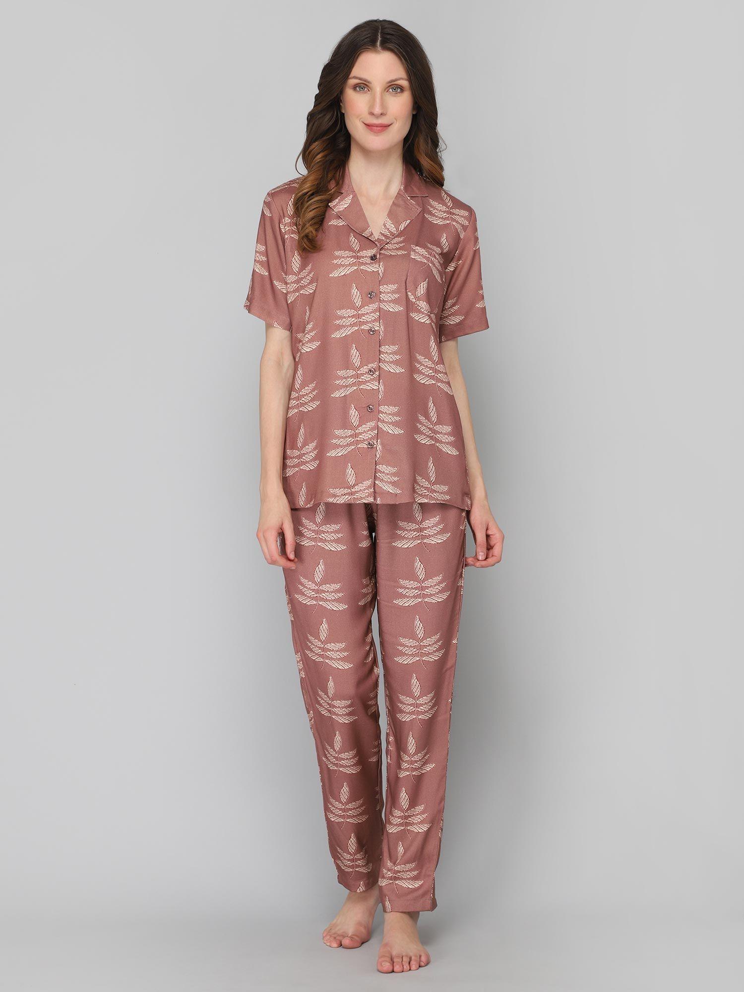 women's brown leaf print night suit (set of 2)