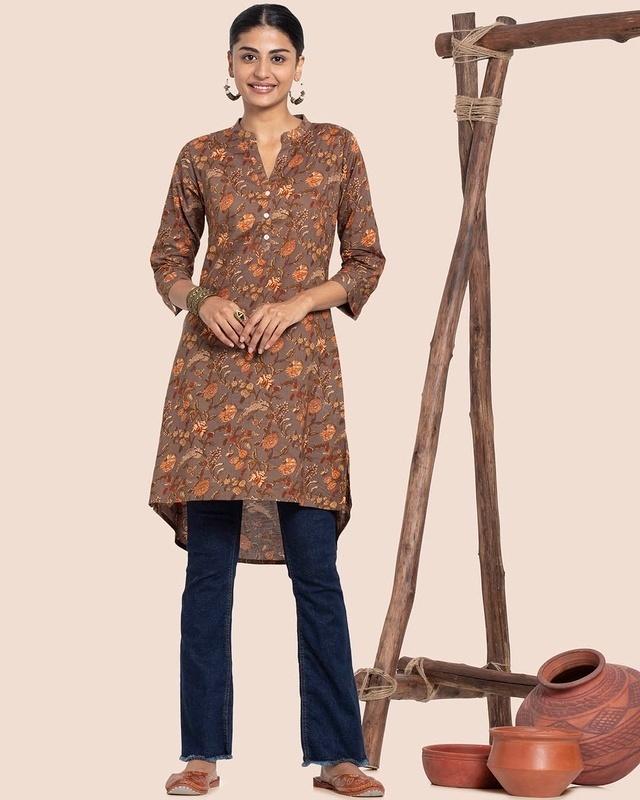 women's brown printed short kurta