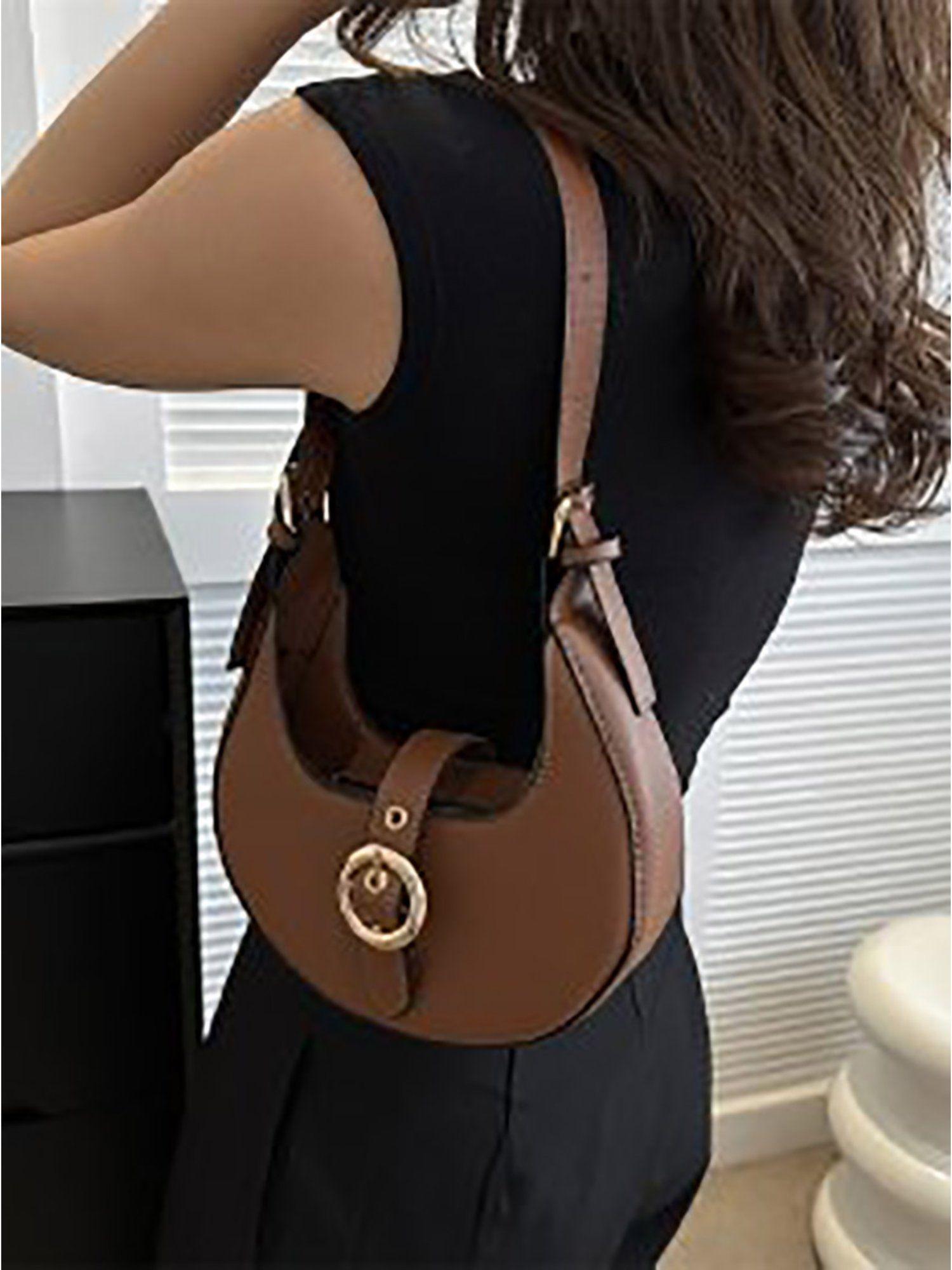 women's brown pu buckle detail shoulder bag