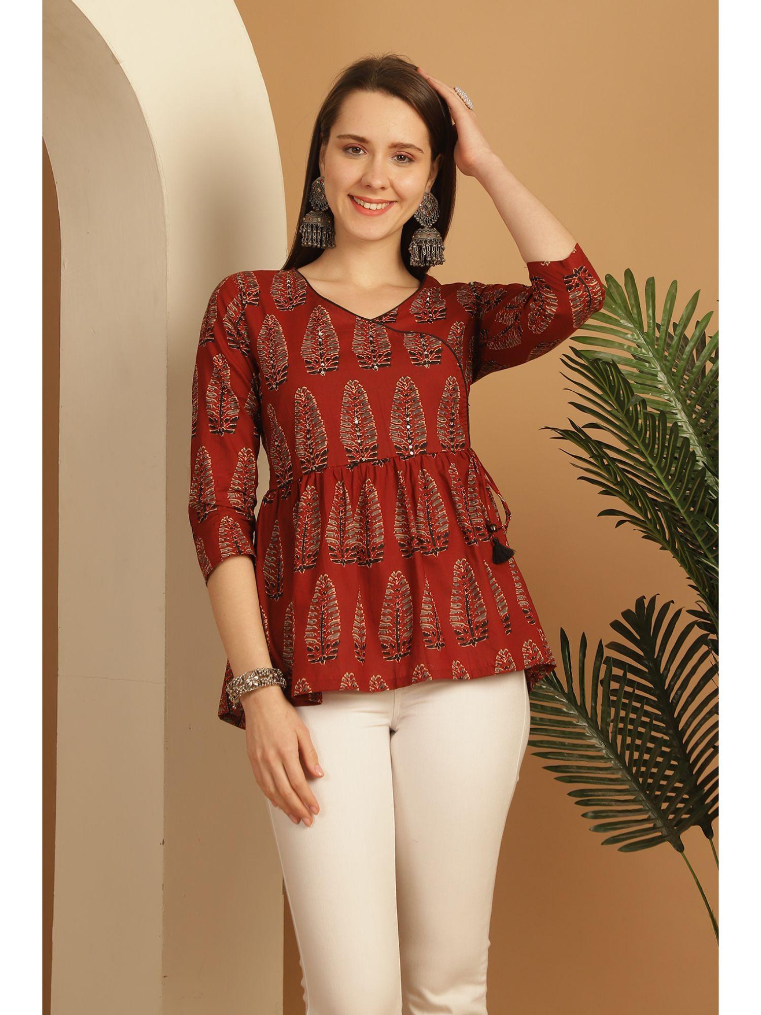 women's brown pure cotton block printed short tunic