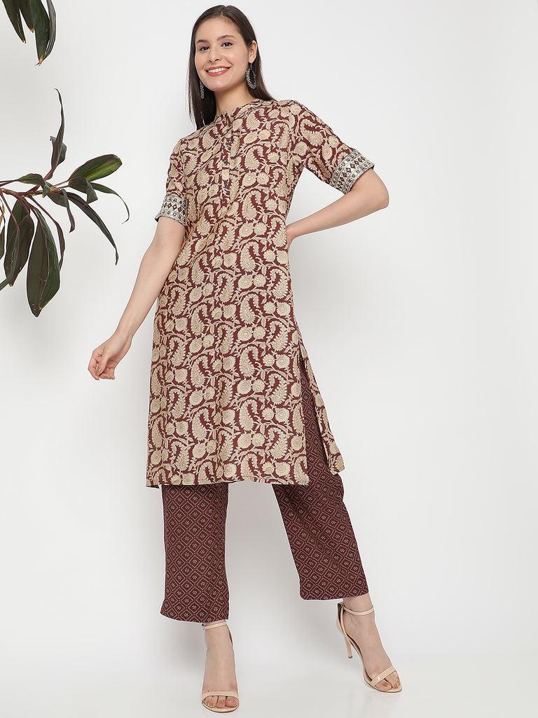 women's brown viscose printed ethnic set