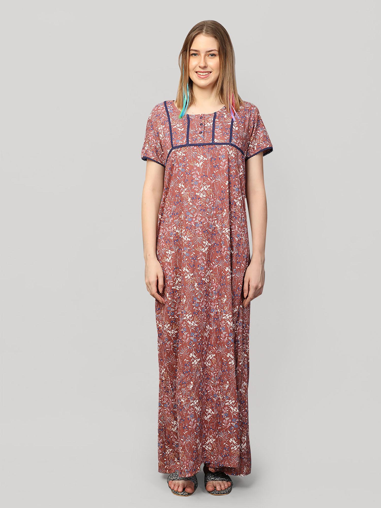 women's brown viscose printed maxi nightgown