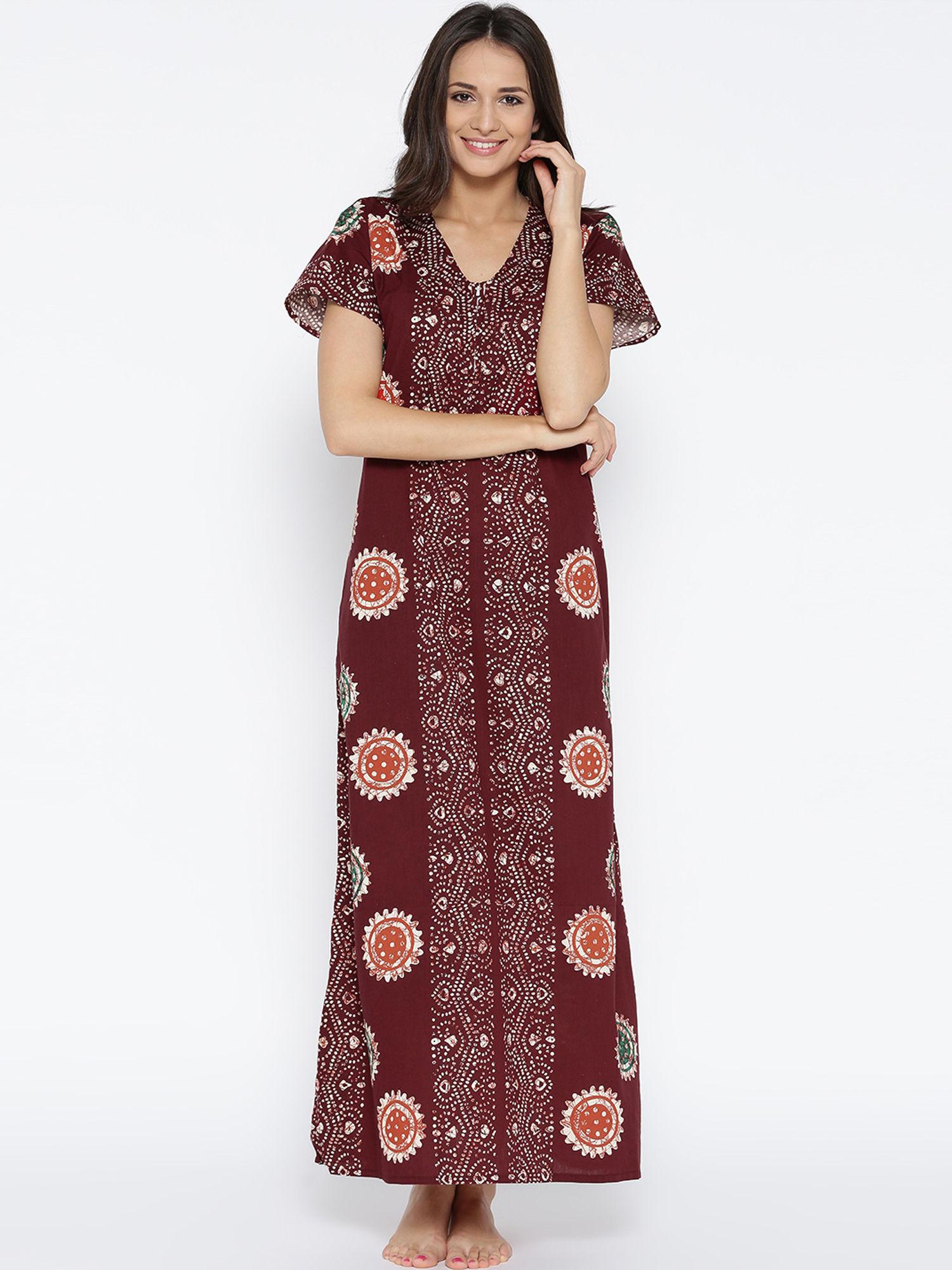 women's burgundy-off-white printed maxi nightdress (free size)