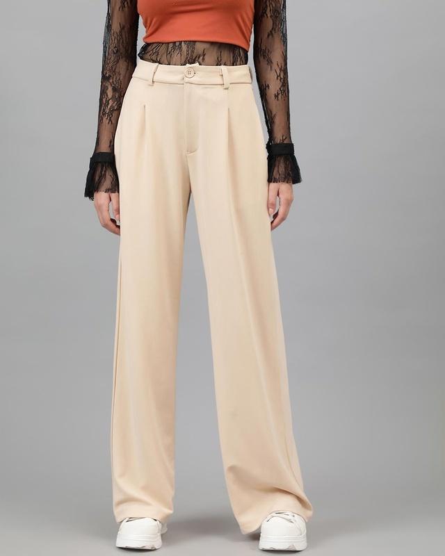 women's buttermilk beige straight fit trousers