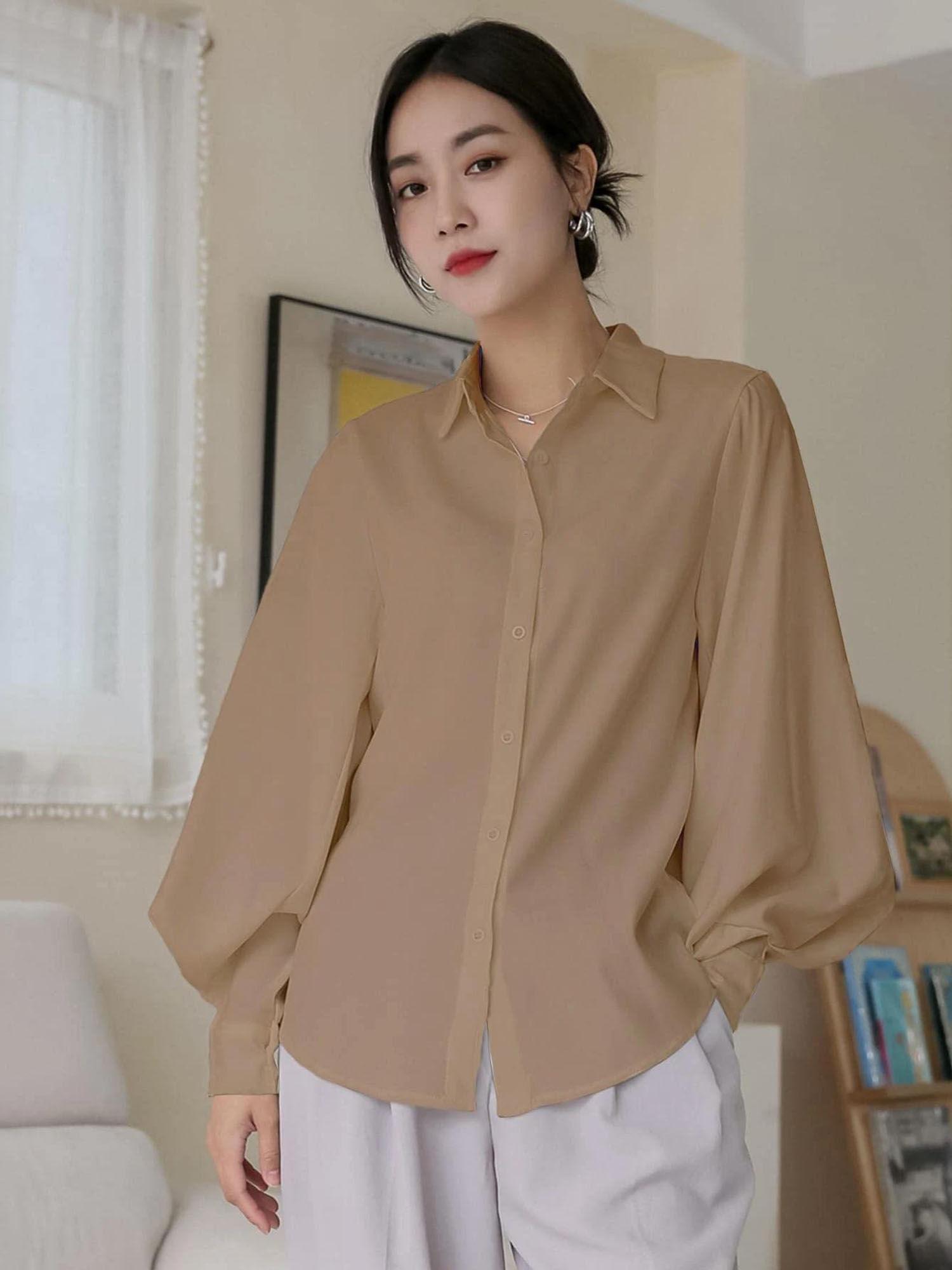 women's casual balloon sleeve solid beige shirt