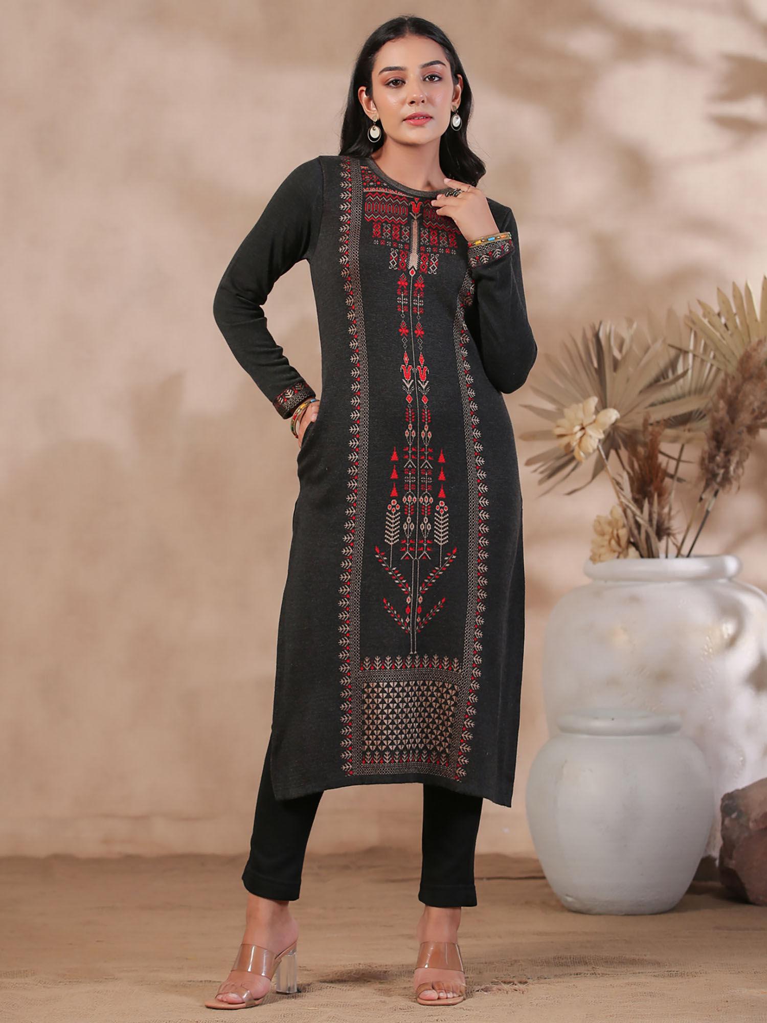 women's charcoal jacquard style ethnic motifs straight winterwear kurta