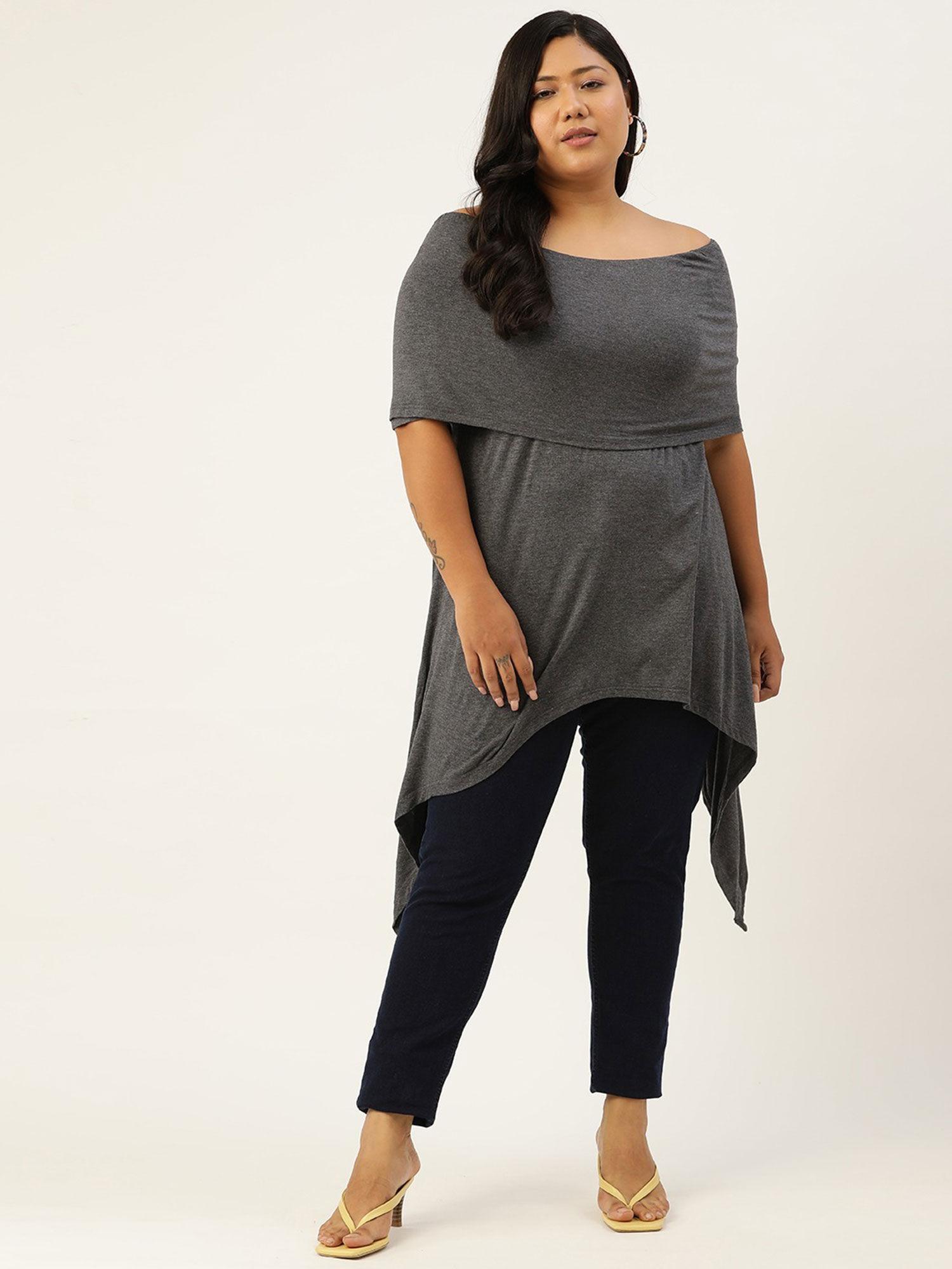 women's charcoal off-shoulder asymmetrical longline top