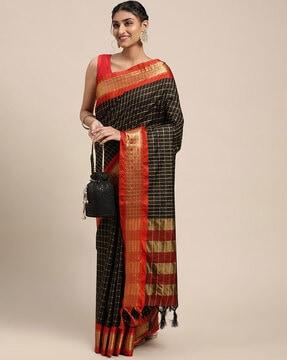 women's checks pattrens zari woven pure silk desinger gadwal saree with blouse piece saree